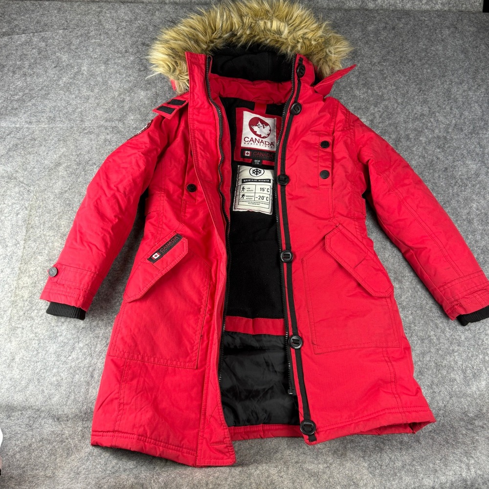 Canada Weathergear Red Long Winter Parka Faux Fur Hood Coat Womens Small 7/8